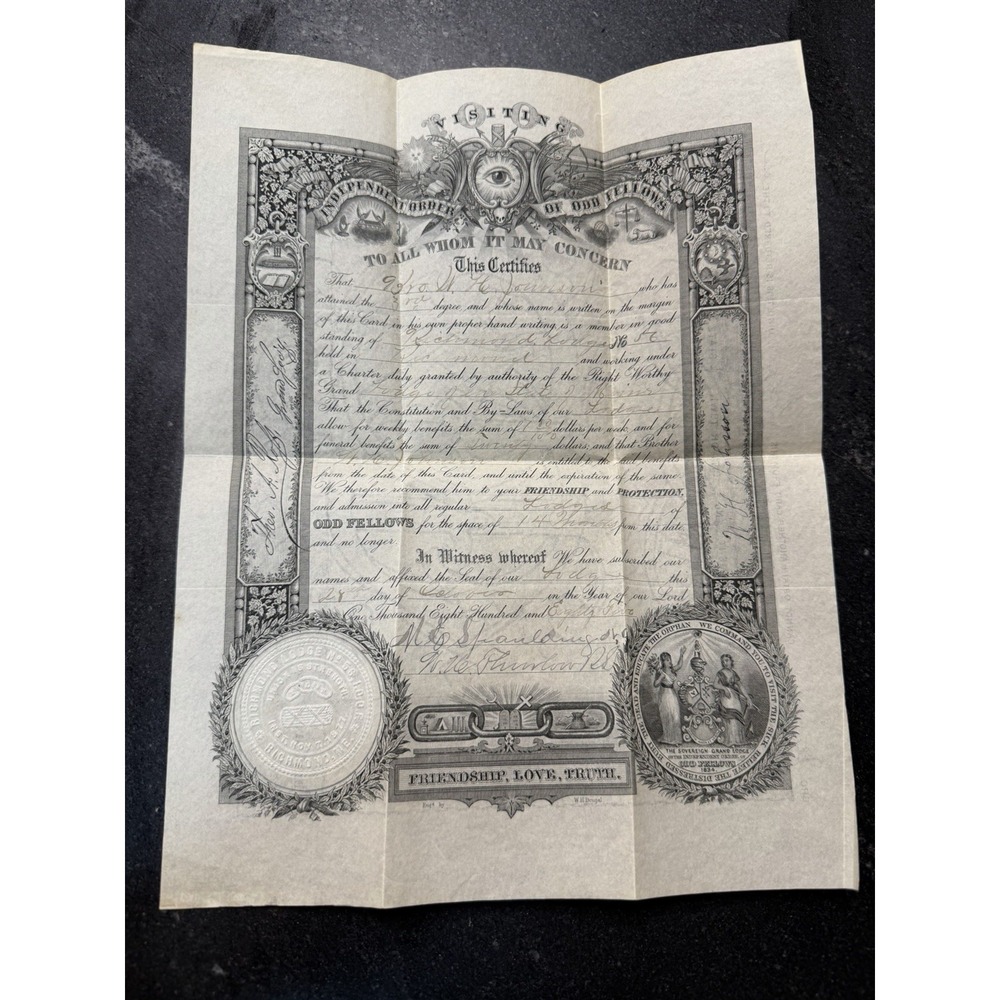 1885 IOOF Odd Fellows Visiting Card Richmond Maine Fraternal Certificate